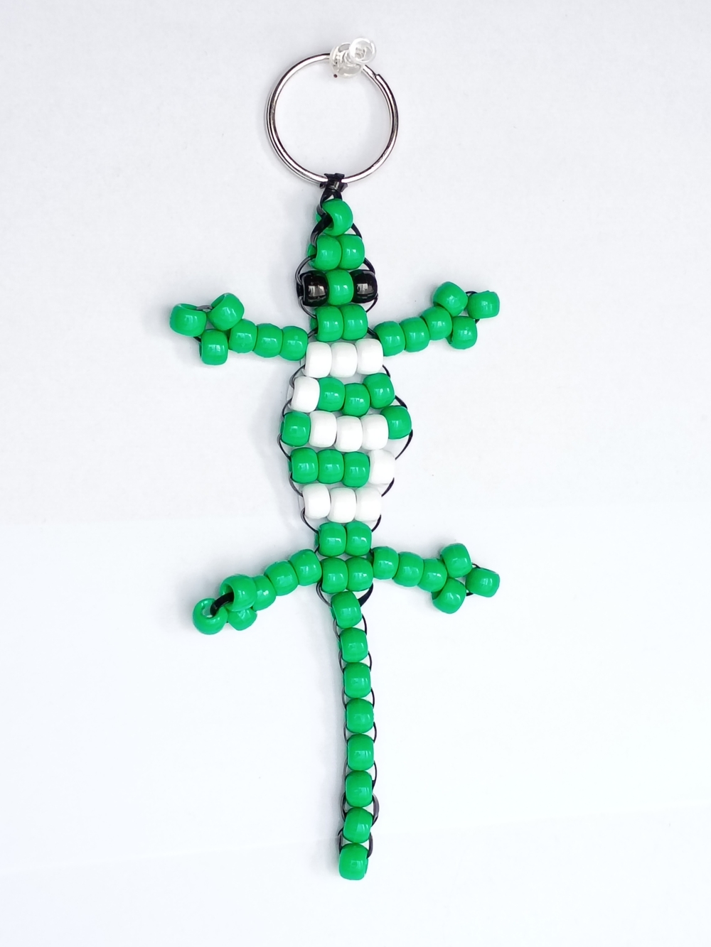 Hand-made Green and White Beaded Lizard Keychain